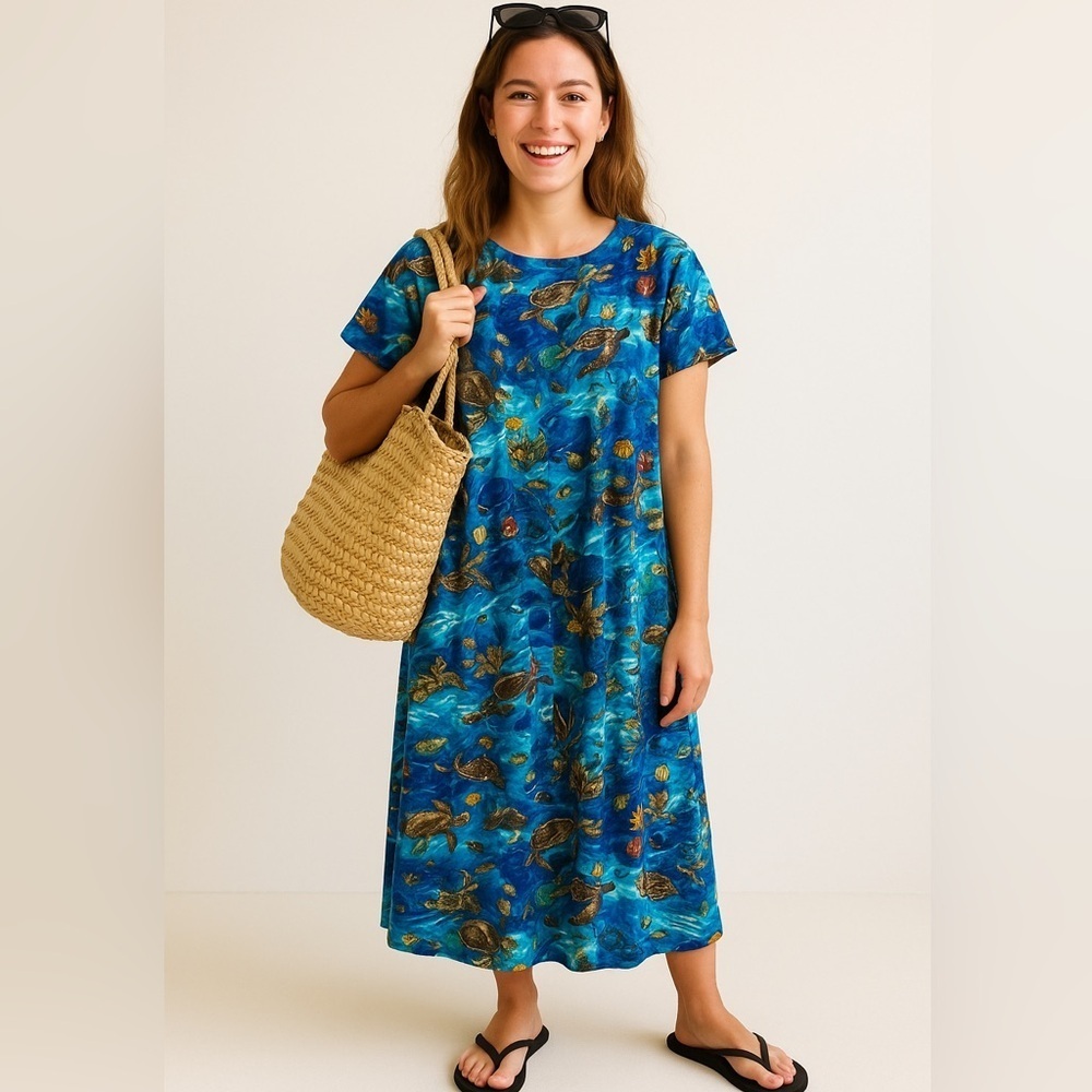 Vintage Ocean Print Dress – Sea Life Tropical Midi – Size M